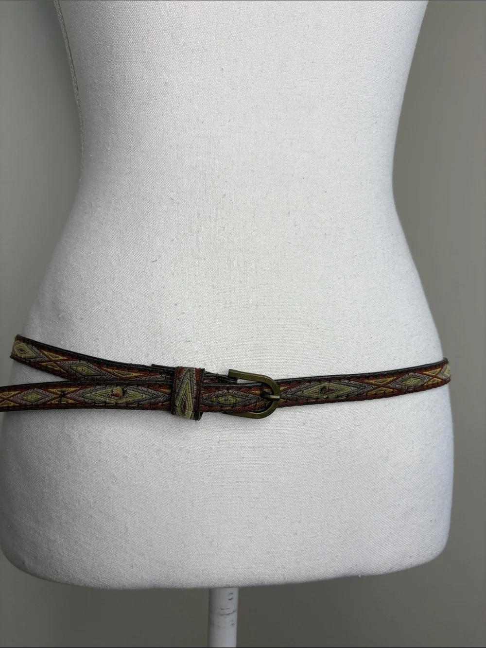 Woven Geometric Pattern Slim Waist Belt - Brown. Boho